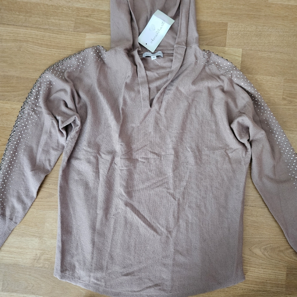 NWT Keren Hart Jeweled Sleeve Hooded Sweater size S Mocha Tan S-2390 - Picture 15 of 16
